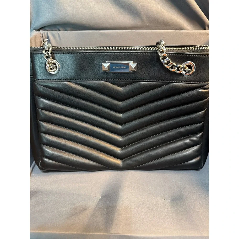 Michael Kors Black Quilted Leather Rose Shoulder Bag Silver Tone Hardware Tote
